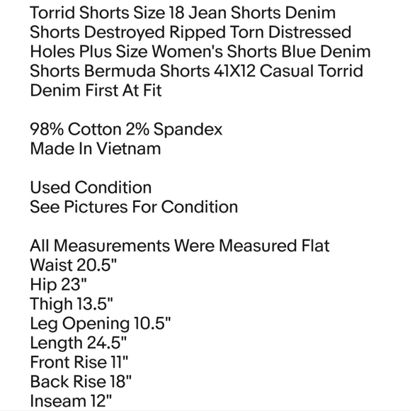 Torrid Shorts Size 18 Jean Shorts Denim Shorts Destroyed Ripped Torn Distressed - Picture 5 of 5